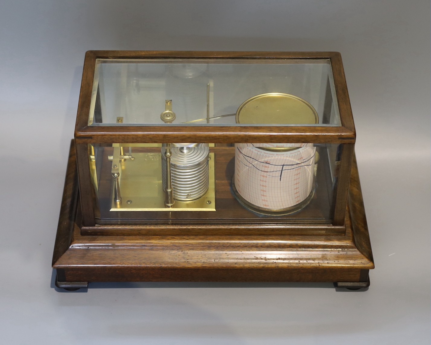 A mid 20th century mahogany cased barograph, by Short & Mason, London, number J45734, case width 37cm height 21cm